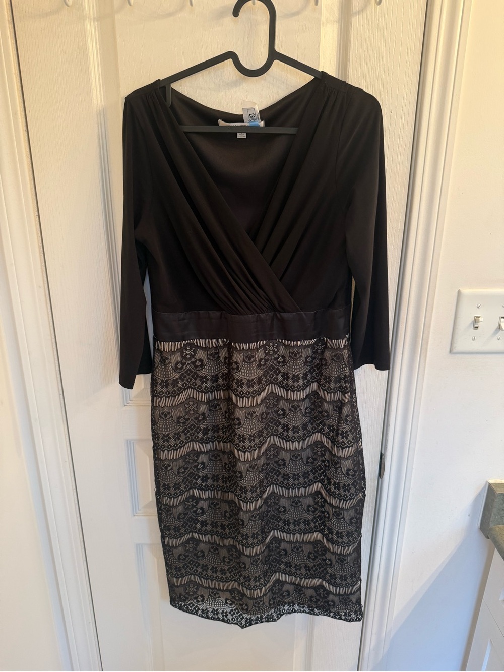 Evan Picone Black Lace-Overlay Wrap Bodice Long Sleeve Dress
